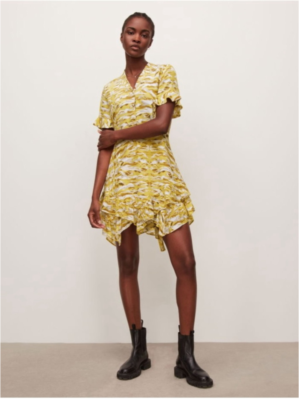 Allsaints Frankie Oniyuri Dress Yellow Floral Print Chiffon Size US12 Altered